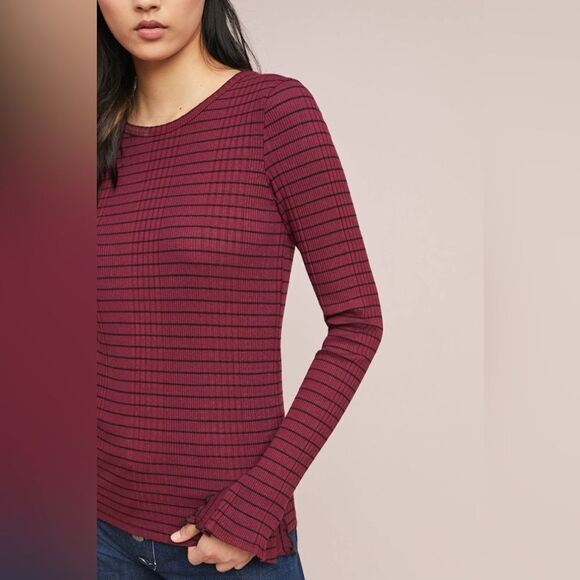 Anthropologie Michael Stars Red and Black Striped Long Sleeve Top Sleeve Detail - Picture 5 of 8